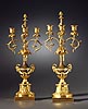 An extremely fine pair of Louis XVI gilt and patinated bronze three-light figural candelabra